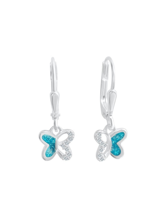 BOUCLES D'OREILLES ARGENT RHODIE - PENDANTE - PAPILLON - ZIRCONIA - LAQUE BLEU