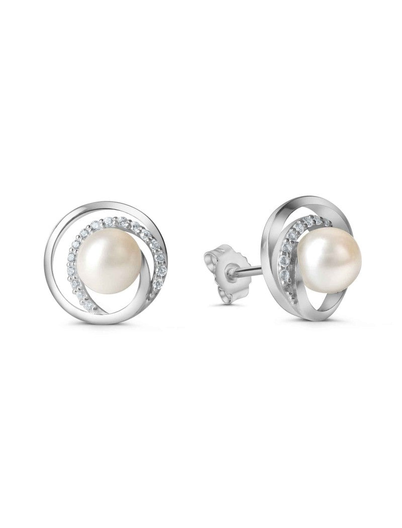 BOUCLES d'OREILLES ARGENT RHODIE - ZIRCONIA - PERLE d'EAU DOUCE