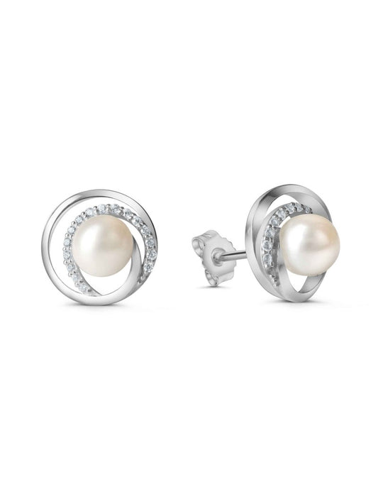 BOUCLES d'OREILLES ARGENT RHODIE - ZIRCONIA - PERLE d'EAU DOUCE