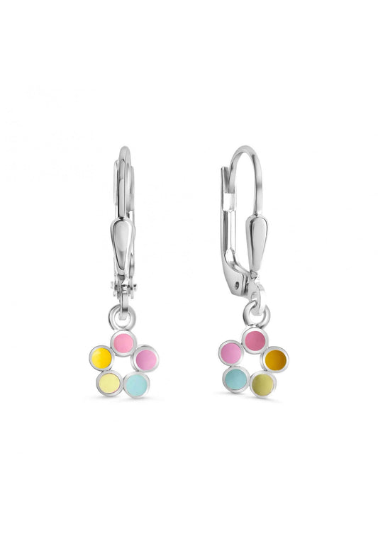 BOUCLES d'OREILLES ARGENT RHODIE - PENDANTE - FLEUR - LAQUE MULTICOLORE
