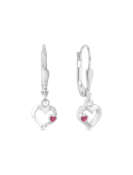 BOUCLES D'OREILLES ARGENT RHODIE - PENDANTE - COEUR - ZIRCONIA - LAQUE ROSE