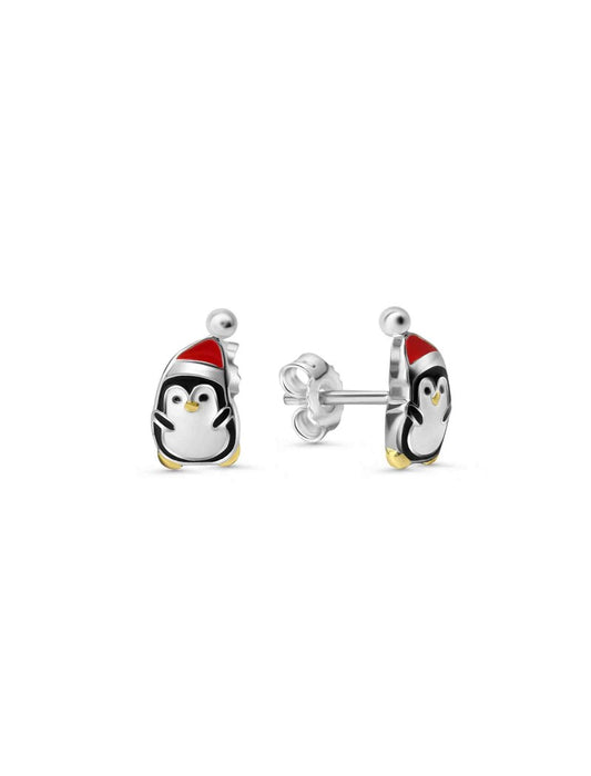 BOUCLES D'OREILLES ARGENT RHODIE - PINGOUIN - LAQUE MULTICOLORE