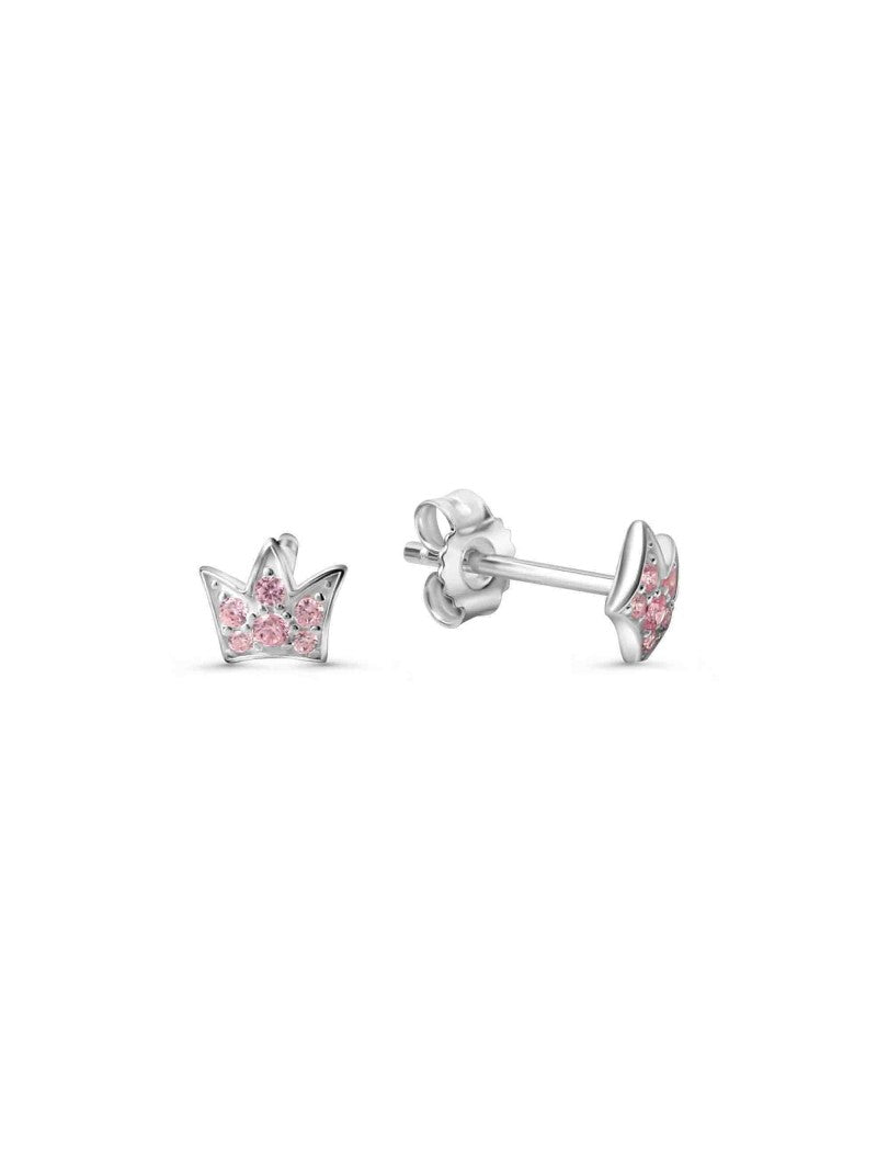 BOUCLES D'OREILLES ARGENT RHODIE - COURONNE - ZIRCONIA ROSE