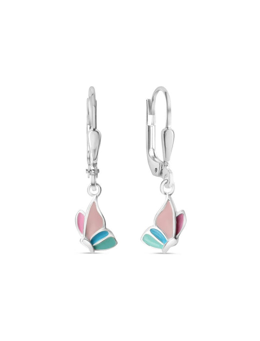 BOUCLES D'OREILLES ARGENT RHODIE - PENDANTE - PAPILLON- LAQUE MULTICOLRE