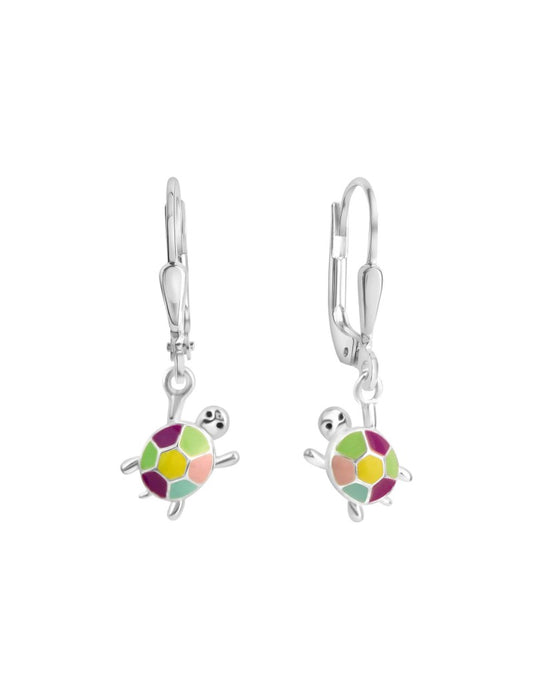 BOUCLES D'OREILLES ARGENT RHODIE - PENDANTE - TORTUE - EMAIL MULTICOLORE