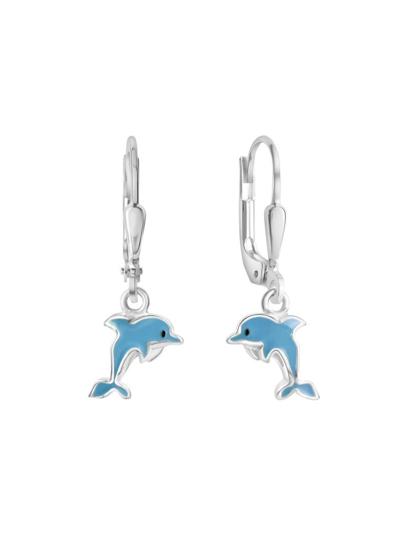 BOUCLES D'OREILLES ARGENT RHODIE - PENDANTE - DAUPHIN - EMAIL BLEU