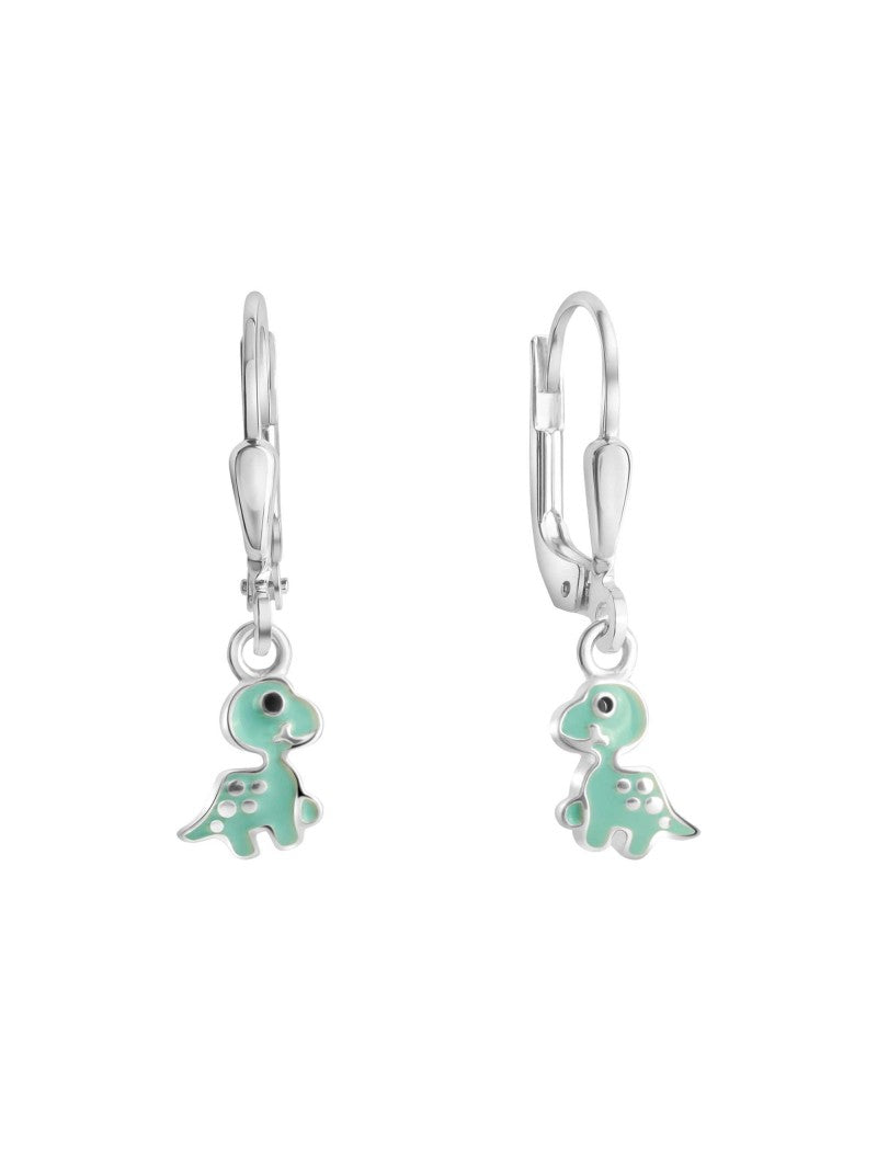 BOUCLES D'OREILLES ARGENT RHODIE - PENDANTE - DINOSAURE- EMAIL VERTE