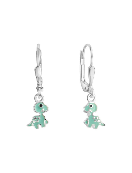 BOUCLES D'OREILLES ARGENT RHODIE - PENDANTE - DINOSAURE- EMAIL VERTE