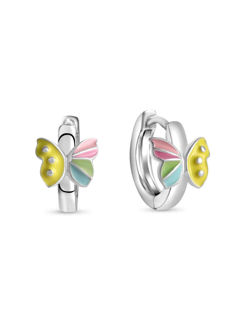 CREOLES  ARGENT RHODIE - PAPILLON - LAQUE MULTICOLORE