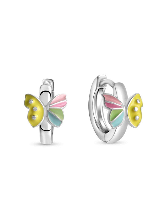 CREOLES  ARGENT RHODIE - PAPILLON - LAQUE MULTICOLORE