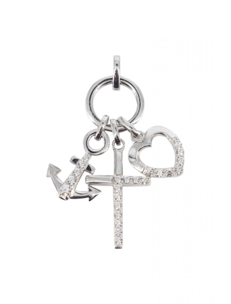 PENDENTIF ARGENT RHODIE - ZIRCONIA - COEUR CROIX ANCRE