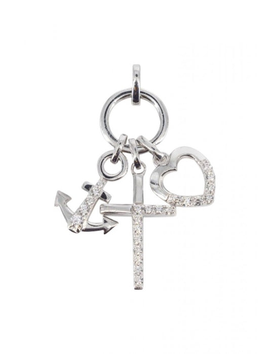 PENDENTIF ARGENT RHODIE - ZIRCONIA - COEUR CROIX ANCRE