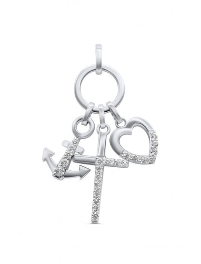 PENDENTIF ARGENT RHODIE - ZIRCONIA - COEUR CROIX ANCRE