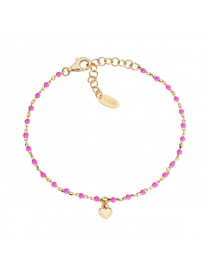 Bracelet en argent massif et émail fuchsia - Doré