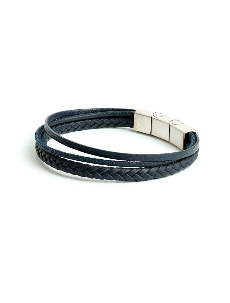 BRACELET GEMINI - CUIR NOIR - BLEU - TAILLE M-L 20+1 CM