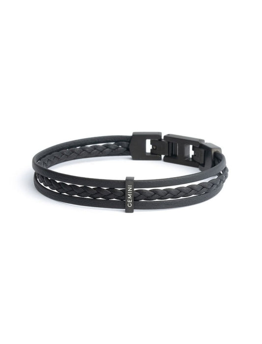 BRACELET GEMINI  - CUIR NOIR - 17+2 CM