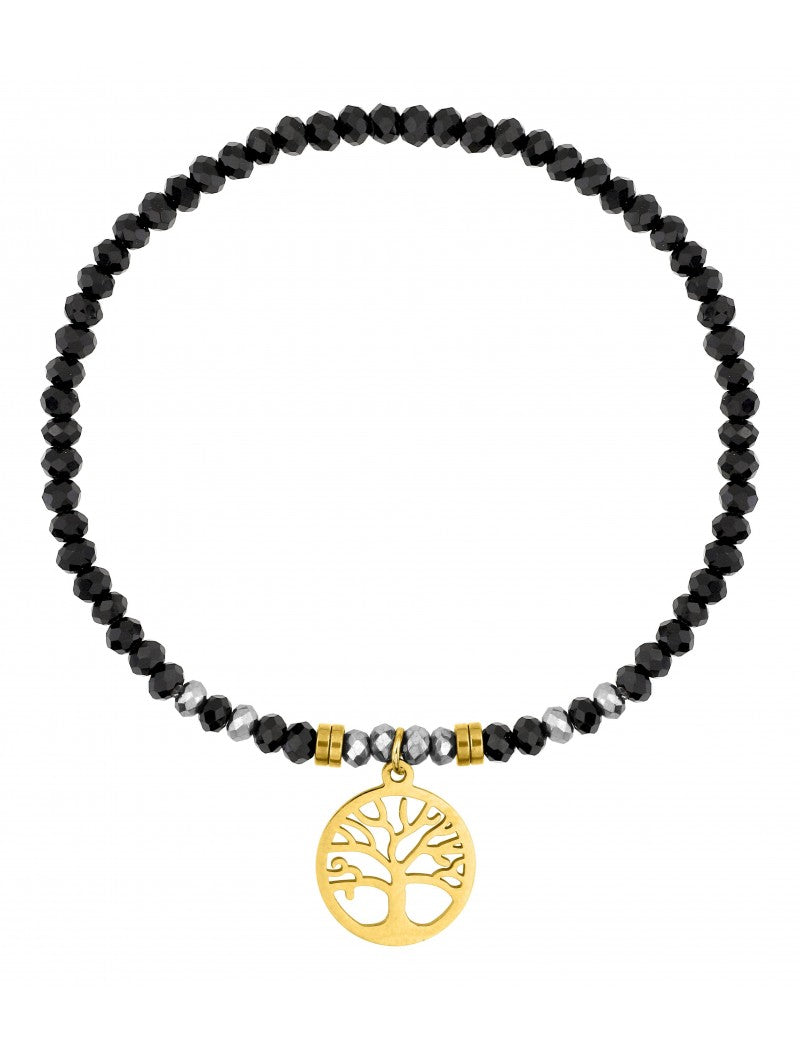 BRACELET - ACIER DORE - CRISTAL NOIR - ARBRE DE VIE