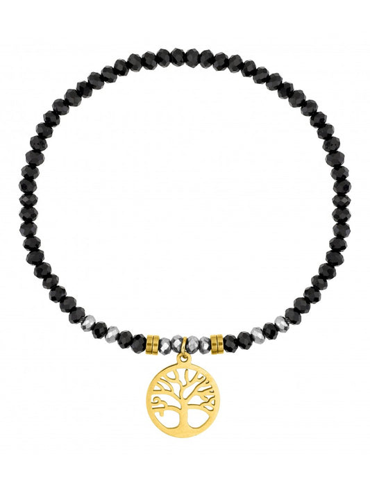 BRACELET - ACIER DORE - CRISTAL NOIR - ARBRE DE VIE