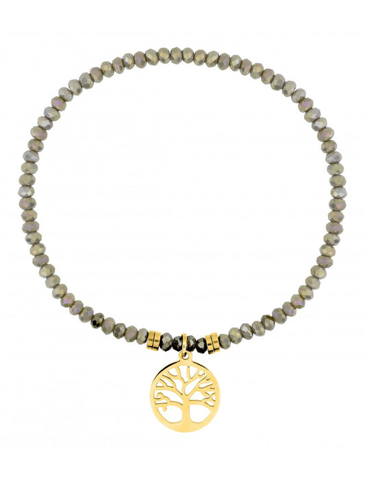 BRACELET - ACIER DORE - CRISTAL GRIS - ARBRE DE VIE