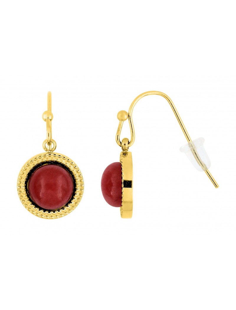 BOUCLES D'OREILLES - ACIER DORE - RUBIS SYNTHETIQUE