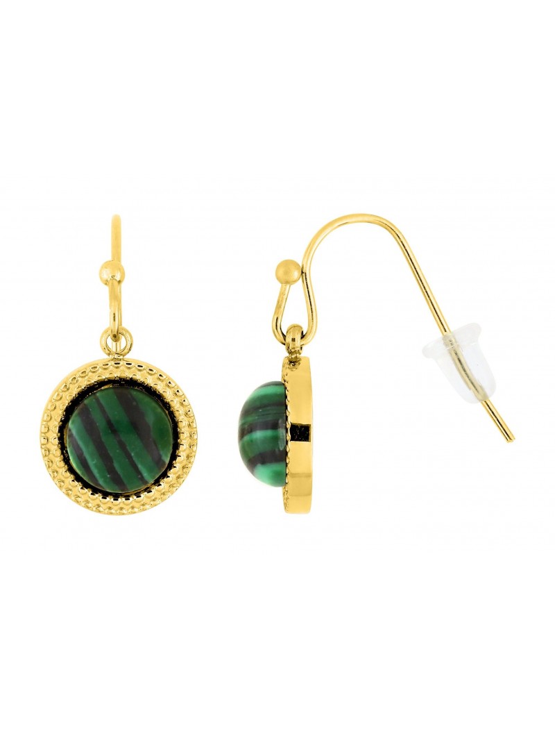 BOUCLES D'OREILLES - ACIER DORE - MALACHITE SYNTHETIQUE