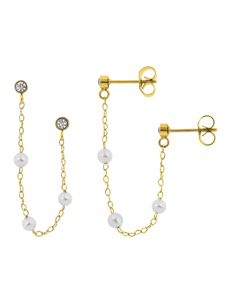 BOUCLES D'OREILLES - EARCUFF - ACIER DORE - CRISTAL - PERLES SYNTHETIQUES