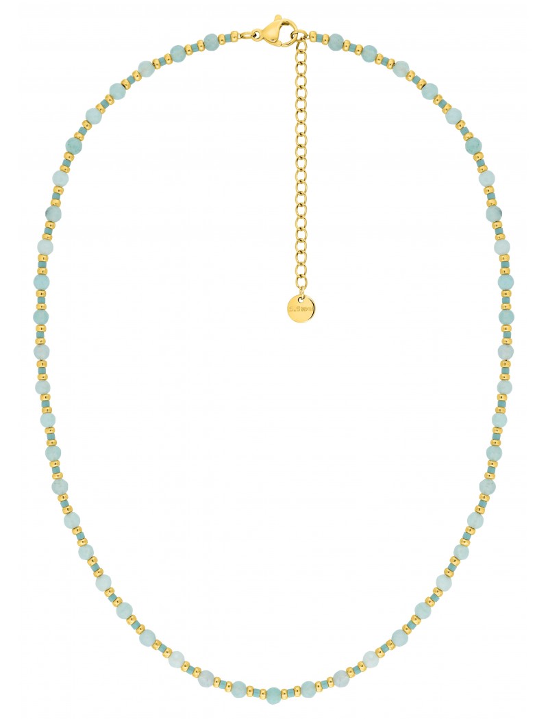 COLLIER - ACIER DORE  - PERLE VERRE VERT - CRISTAL BLEU