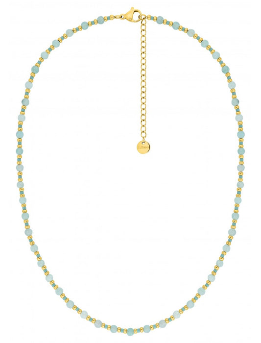 COLLIER - ACIER DORE  - PERLE VERRE VERT - CRISTAL BLEU