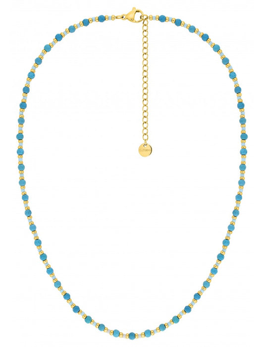 COLLIER - ACIER DORE - PERLE VERRE TURQUOISE