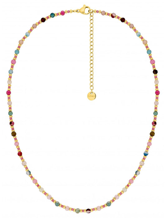 COLLIER - ACIER DORE  - PERLE DE VERRE ROSE MULTICOLORE