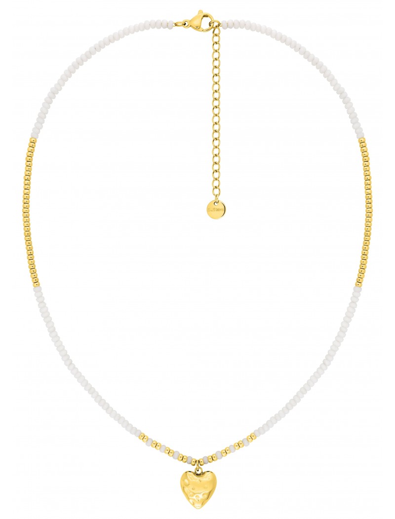 COLLIER - ACIER DORE- BOULE DE VERRE BLANC - COEUR