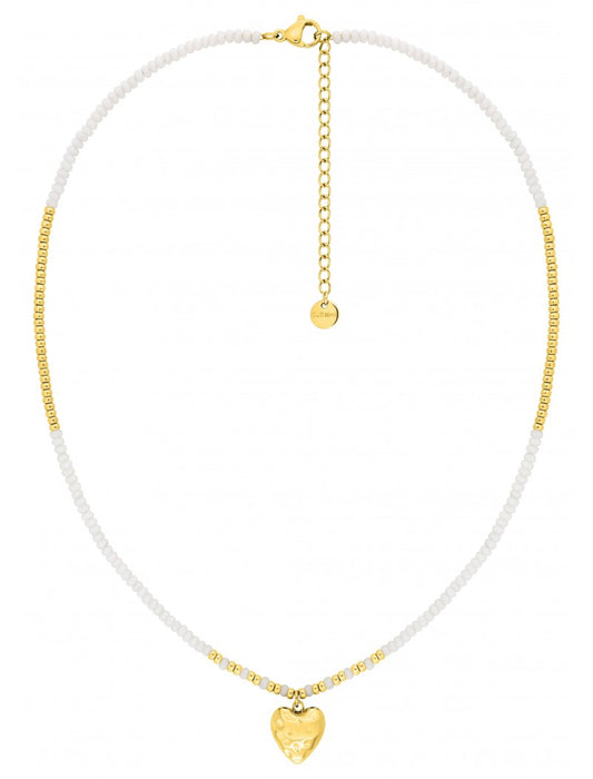 COLLIER - ACIER DORE- BOULE DE VERRE BLANC - COEUR