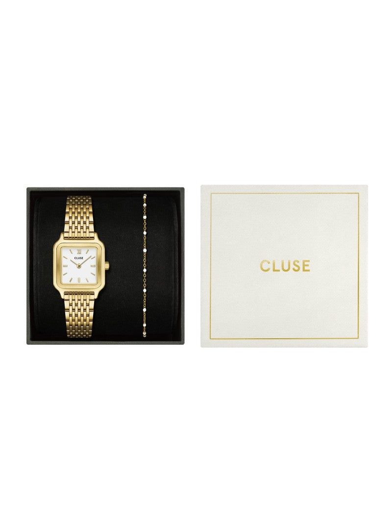 Coffret Montre Gracieuse Petite Acier, Bracelet Epoxy Blanc & Blanc, Couleur Or