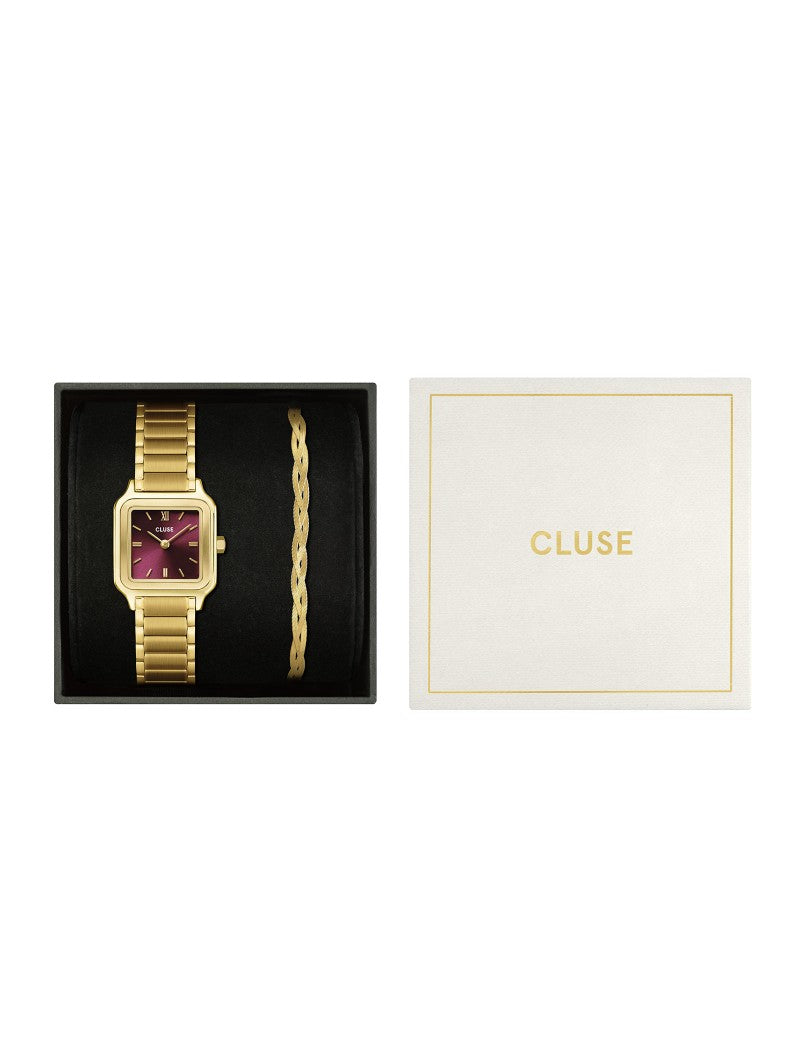 Coffret cadeau Gracieuse Petite Montre Acier, Cerise Foncée & Bracelet Serpent Tressé, Couleur Or