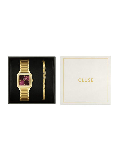 Coffret cadeau Gracieuse Petite Montre Acier, Cerise Foncée & Bracelet Serpent Tressé, Couleur Or