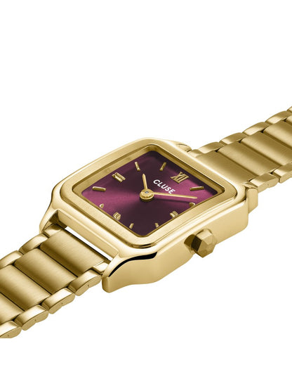 Coffret cadeau Gracieuse Petite Montre Acier, Cerise Foncée & Bracelet Serpent Tressé, Couleur Or