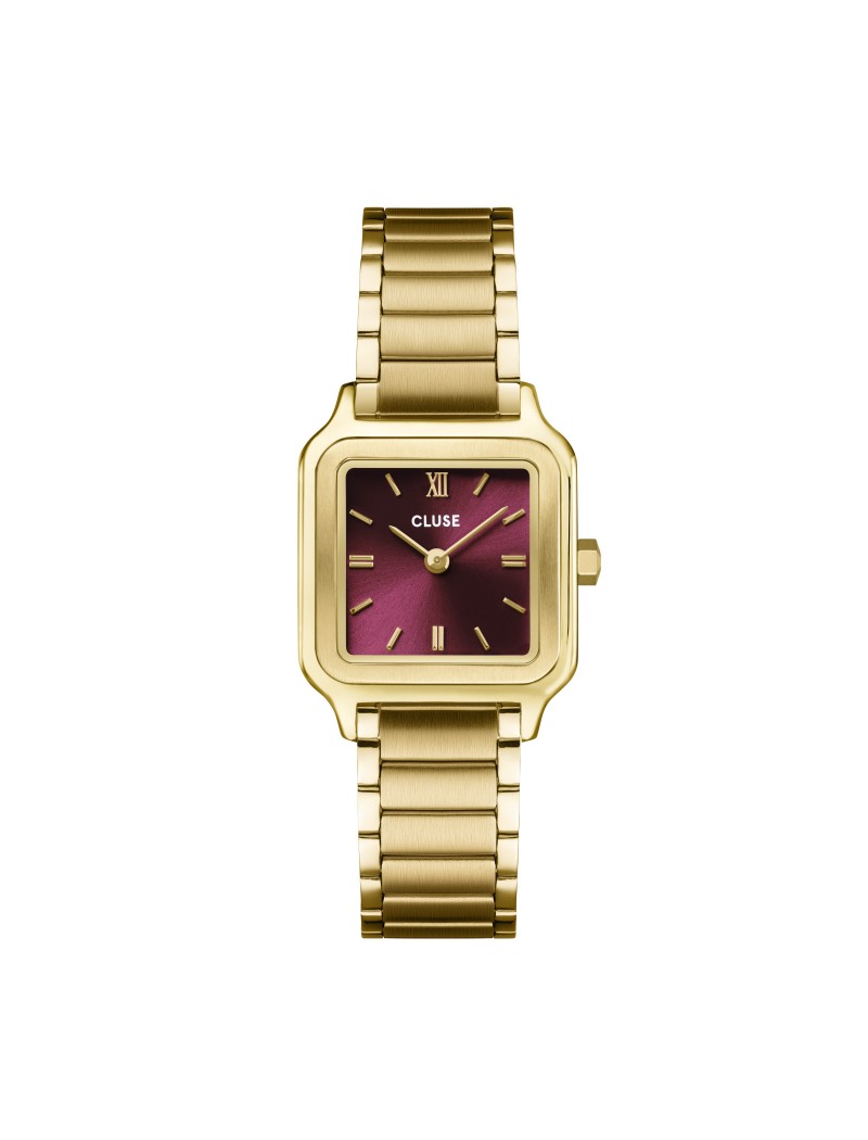 Coffret cadeau Gracieuse Petite Montre Acier, Cerise Foncée & Bracelet Serpent Tressé, Couleur Or