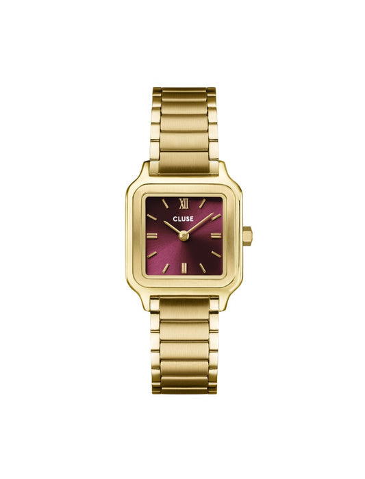 Coffret cadeau Gracieuse Petite Montre Acier, Cerise Foncée & Bracelet Serpent Tressé, Couleur Or