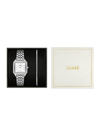 Coffret Montre Gracieuse Acier, Blanc & Bracelet Tennis Élevé, Couleur Argent
