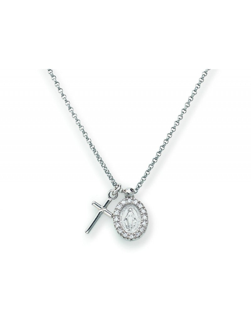 Collier Notre-Dame des Miraculeux en argent massif et zircons blancs - Rhodié