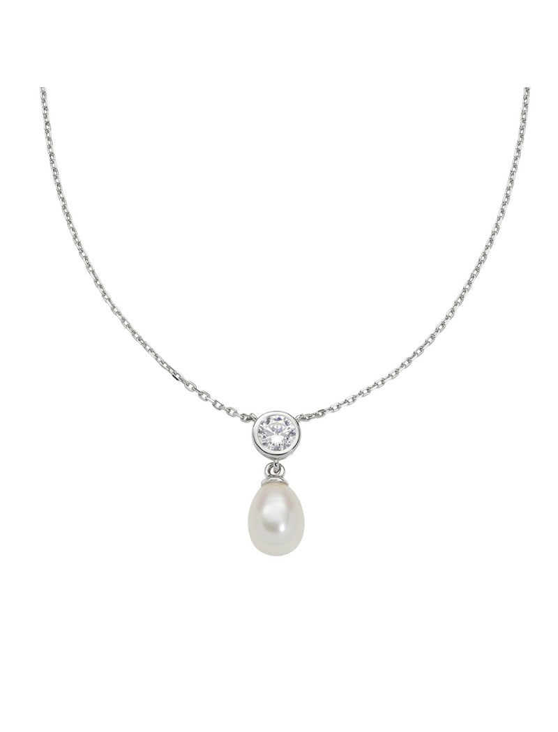 Collier en argent sterling avec zircone blanche et perle naturelle - Rhodium