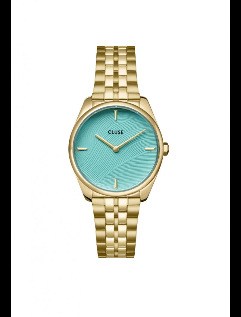 Cluse - Montre Féroce Petite Acier, Texture Feuille Bleu Piscine, Couleur Or