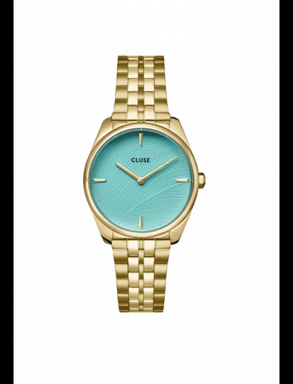 Cluse - Montre Féroce Petite Acier, Texture Feuille Bleu Piscine, Couleur Or
