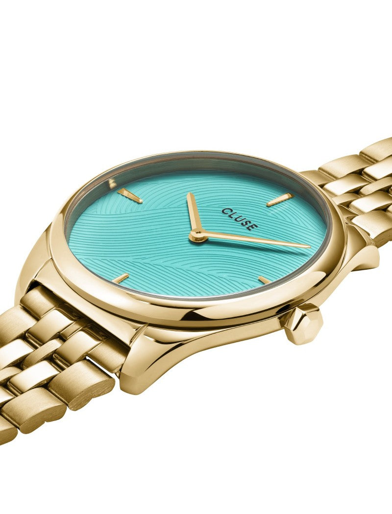 Cluse - Montre Féroce Petite Acier, Texture Feuille Bleu Piscine, Couleur Or
