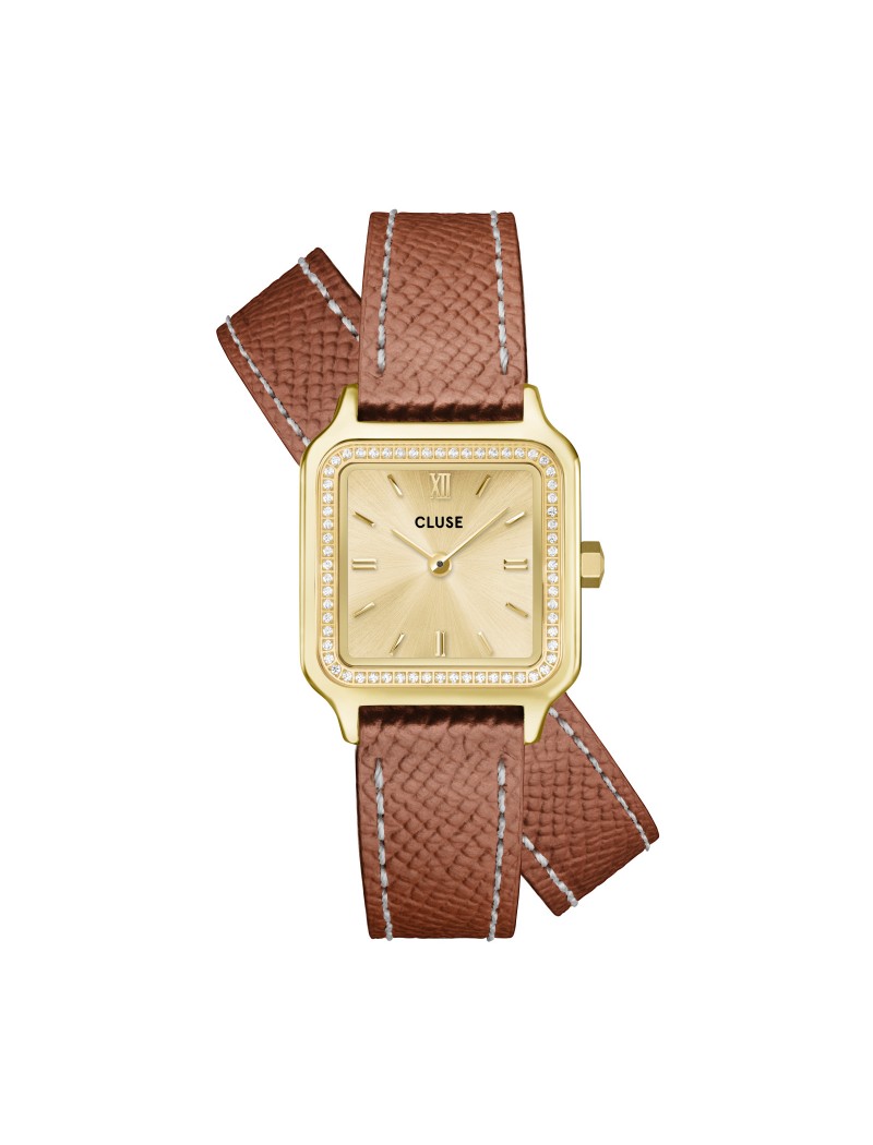 Montre Gracieuse Petite Double Cuir, Pierres Blanches, Coquille de Noix, Couleur Or