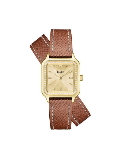 Montre Gracieuse Petite Double Cuir, Pierres Blanches, Coquille de Noix, Couleur Or