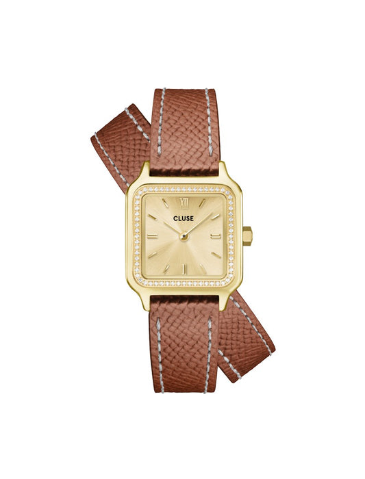 Montre Gracieuse Petite Double Cuir, Pierres Blanches, Coquille de Noix, Couleur Or