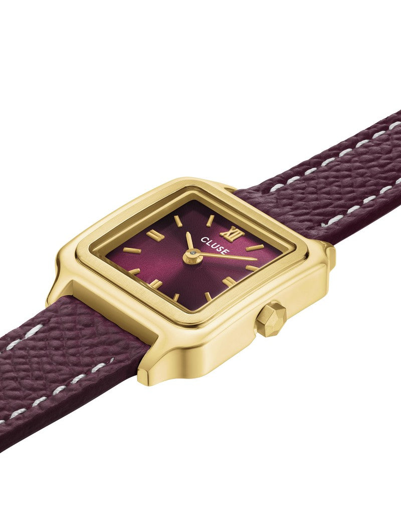 Montre Gracieuse Mini Double Cuir, Couleur Vin, Or