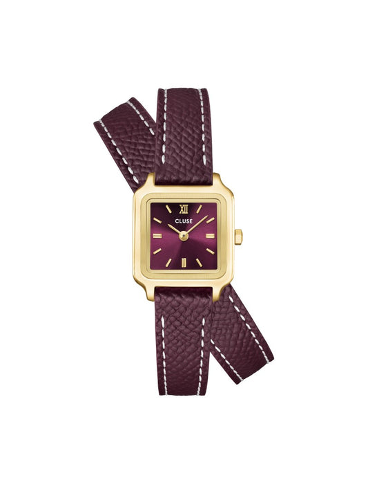 Montre Gracieuse Mini Double Cuir, Couleur Vin, Or