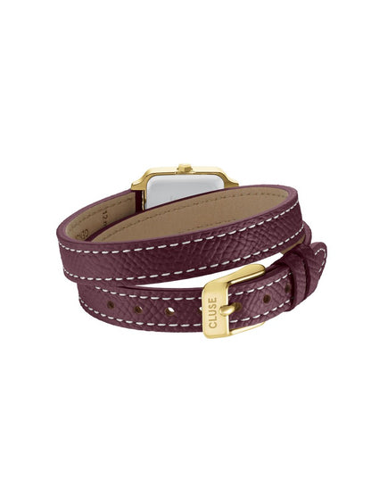 Montre Gracieuse Mini Double Cuir, Couleur Vin, Or